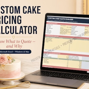 May include: A digital custom cake pricing calculator spreadsheet displayed on a laptop screen. The text reads Custom Cake Pricing Calculator, Know What to Quote – and Why, and Microsoft Excel – Windows & Mac. A cake with pink flowers sits nearby.