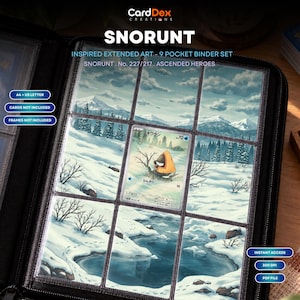 Op de afbeelding: Een 9-vaks ordner met uitgebreide kunst van een besneeuwd landschap met bergen en een bevroren beek. Het middelste vak toont een Snorunt-kaart met de tekst SNORUNT, INSPIRED EXTENDED ART - 9 POCKET BINDER SET, SNORUNT . No. 227/217 . ASCENDED HEROES, A4 + US LETTER, CARDS NOT INCLUDED, FRAMES NOT INCLUDED, INSTANT ACCESS, 300 DPI, PDF FILE.
