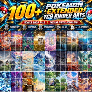 Puede incluir: Una colección digital de más de 100 artes de carpetas TCG de Pokemon extendidos con varias ilustraciones de paisajes. El gráfico incluye el texto 100+ POKEMON EXTENDED TCG BINDER ARTS, WHOLE SHOP SALE, INSTANT DIGITAL DOWNLOAD y 300 DPI.
