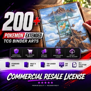 Könnte beinhalten: Ein digitales Produktangebot für 200+ erweiterte Pokemon TCG-Ordner-Grafiken. Das Bild zeigt einen braunen Ordner mit durchsichtigen Kunststoffseiten, die eine Dragonite V-Karte enthalten. Text umfasst 200+, POKEMON EXTENDED TCG BINDER ARTS und COMMERCIAL RESALE LICENSE.