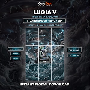 Puede incluir: Una impresión de arte digital que presenta a Lugia V de Silver Tempest, presentada como un diseño de carpeta de 9 cartas. La imagen muestra una escena de océano tormentoso con rayos, etiquetas de texto para tamaños 8x10 y 5x7, 300 DPI y PDF.