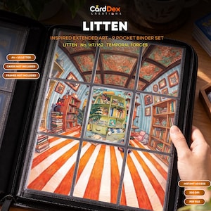 Può includere: Un raccoglitore nero a 9 tasche con arte estesa ispirata a Litten. L'immagine mostra una stanza con librerie, pavimenti a righe e gatti. Il testo include LITTEN, INSPIRED EXTENDED ART, 9 POCKET BINDER SET, LITTEN, NO. 167/162, TEMPORAL FORCES, A4 + US LETTER, CARDS NOT INCLUDED, FRAMES NOT INCLUDED, INSTANT ACCESS, 300 DPI E PDF FILE.