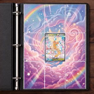 May include: A black three-ring binder featuring clear plastic sleeves with a printed background of pastel pink and blue clouds, stars, and a rainbow. A single Mega Dragonite VSTAR trading card is centred in the middle pocket of the page.