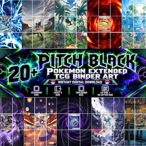 Può includere: Una collezione digitale di oltre 20 design artistici per raccoglitori TCG Pokémon estesi intitolata Pitch Black. L'immagine mostra varie scene illustrate colorate con personaggi e paesaggi, con etichette di testo per formati standard, Vault X e toploader.