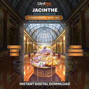 May include: A digital download featuring Jacinthe inspired extended art for a 9-card binder, 8x10 and 5x7 prints. The image displays a central trading card showing a character at a banquet table, set against a grand, ornate hall with a glass dome.