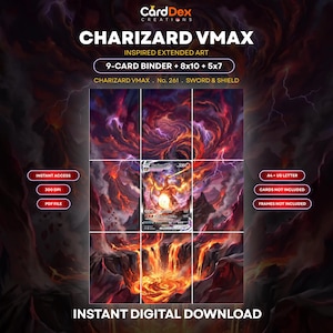 Può includere: Una stampa digitale con arte estesa ispirata a Charizard VMAX, visualizzata in una griglia di nove pannelli. L'opera raffigura un paesaggio vulcanico ardente con colate laviche e nuvole scure. Il testo include CardDex Creations, Charizard VMAX, 9-Card Binder, 8x10, 5x7, No. 261, Sword & Shield, Instant Access, 300 DPI, PDF File, A4 + US Letter, Cards Not Included, Frames Not Included e Instant Digital Download.