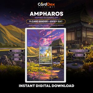 May include: A digital download product display for Ampharos inspired extended art featuring a 9-card binder layout, 8x10 and 5x7 sizes, 300 DPI, and PDF file format. The image shows a central Ampharos trading card surrounded by a scenic landscape.