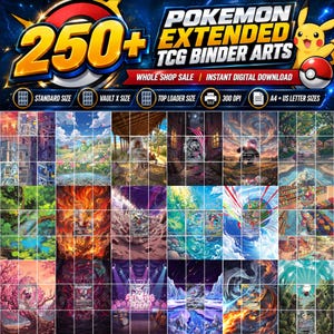Può includere: Una collezione digitale di oltre 250 illustrazioni estese per raccoglitori di carte Pokémon TCG, con vari paesaggi colorati, vedute urbane e scene di personaggi. L'intestazione mostra il testo POKEMON EXTENDED TCG BINDER ARTS con icone.