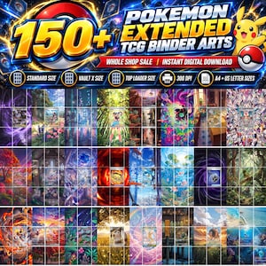 Puede incluir: Una colección digital de más de 150 artes extendidos para carpetas de cartas Pokémon TCG con ilustraciones vibrantes y coloridas. El gráfico incluye el texto POKEMON EXTENDED TCG BINDER ARTS, WHOLE SHOP SALE, INSTANT DIGITAL DOWNLOAD, 300 DPI y A4 + US LETTER SIZES.
