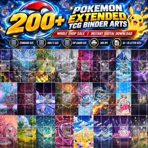 Puede incluir: Una colección digital de más de 200 artes extendidos para carpetas de Pokemon TCG con ilustraciones vibrantes y coloridas de varios personajes y paisajes. El gráfico incluye el texto POKEMON EXTENDED TCG BINDER ARTS.
