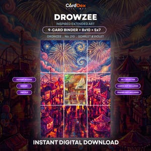 May include: A digital art print featuring Drowzee inspired extended art for a 9-card binder, 8x10, and 5x7 display. The image depicts a carnival scene at night with fireworks, a carousel, and stalls. Text includes CardDex Creations, Drowzee, No. 210, Scarlet & Violet, and Instant Digital Download.