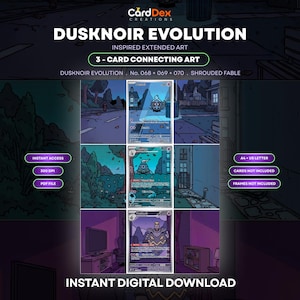 Könnte beinhalten: Ein digitaler Druck mit drei zusammenhängenden Sammelkarten mit dem Titel Dusknoir Evolution. Das Kunstwerk zeigt eine durchgehende Szene über die Karten hinweg, die von einer nächtlichen Straße zu einem Innenraum mit violetten Tönen übergeht.