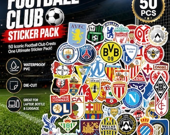 50PCS Football Club Stickers, Waterproof PVC Soccer Decals, Die Cut Sports Stickers for Laptop, Bottle, Luggage & More