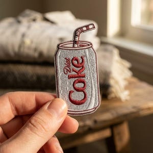 May include: An embroidered patch shaped like a silver soda can with a red straw and the text Diet Coke in red lettering. The patch features a metallic silver thread finish, a red border, and a detailed stitched design of a beverage container.
