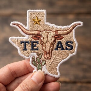 Texas Longhorn Embroidered Patch, Western Bull Skull Iron On Applique, Lone Star State Souvenir Badge for Hats, Jackets & Backpacks
