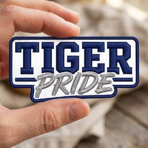 Tiger Pride Embroidered Patch, Navy Blue Varsity Sports Fan Applique (Iron-On)