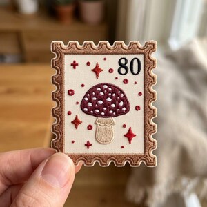 Mushroom Stamp Embroidered Patch, Cottagecore Vintage Postage Iron On Applique, Whimsical Toadstool Badge for Jackets & Bags