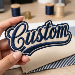 May include: An embroidered patch featuring the word Custom in dark navy blue cursive script lettering with a thick navy blue border and a light beige background, designed with a classic athletic style font and a prominent underline swoosh.