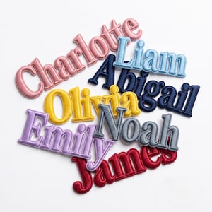 May include: A collection of embroidered name patches in various colors and fonts. The names Charlotte, Liam, Abigail, Olivia, Noah, Emily, and James are displayed in pink, light blue, navy blue, yellow, grey, lavender, and deep red thread.
