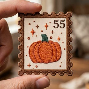 May include: A rectangular embroidered patch shaped like a postage stamp with a brown border. The center features an orange pumpkin with a dark green stem, surrounded by small orange stars and dots on a cream background, with the number 55 in brown.