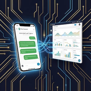 May include: A smartphone displaying an automated lead capture chat interface and a tablet showing a data analytics dashboard with various charts and graphs, connected by glowing blue lines against a dark background with gold circuit patterns.