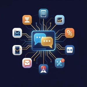 May include: A central square icon featuring two speech bubbles connected by glowing lines to ten surrounding application icons, including symbols for documents, charts, links, mail, and tools, all set against a dark blue digital circuit background.