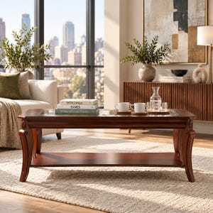 May include: A rectangular wooden coffee table with a glass top insert and a lower shelf. The table features curved legs with carved detailing at the top corners. Three stacked books titled MCM Design, EAMES, and Vintage American Houses sit on top.