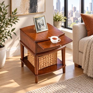 May include: A square wooden end table with a rich brown finish, featuring a pull-out tray, a lower shelf, and a woven wicker storage basket. The table top holds a silver picture frame and a white ceramic teacup filled with tea.