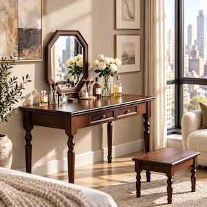 May include: A dark wood vanity table with two drawers and an octagonal mirror, accompanied by a matching small stool. The surface holds a glass vase with white roses, several perfume bottles, and a container filled with makeup brushes.