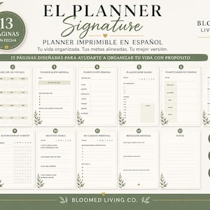 May include: A digital printable planner set titled El Planner Signature by Bloomed Living Co. featuring 13 pages in Spanish including a cover, yearly overview, monthly and weekly plans, daily planner, meal planner, shopping list, budget, habit tracker, gratitude, self-care, reflection, and notes.