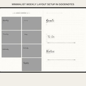 Puede incluir: Un diseño de planificador semanal digital para Goodnotes con un fondo de puntos. La página izquierda contiene siete cajas rectangulares grises etiquetadas de lunes a domingo. La página derecha incluye secciones para objetivos, tareas y notas.