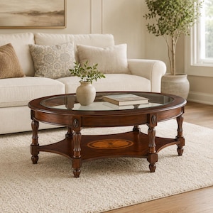 May include: An oval coffee table with a dark brown wooden frame and a glass top. The table features four fluted legs and a lower shelf with a central oval inlay. A small ceramic vase with green leaves and a book are placed on the glass surface.
