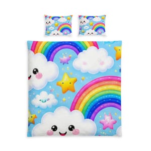 May include: A bedding set consisting of a duvet cover and two pillowcases featuring a light blue background with a repeating pattern of smiling white clouds, colorful rainbows, and yellow and pink stars throughout the design.