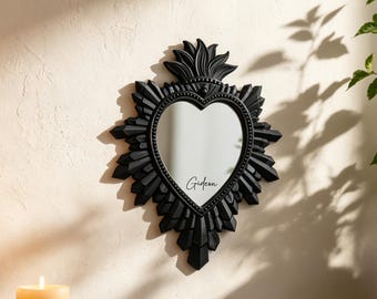 Personalized sacred heart wall art,Gothic Wall Decor, Mexican Ex Voto Heart Sunburst Mirror, Unique Boho Room Decor Housewarming Gift