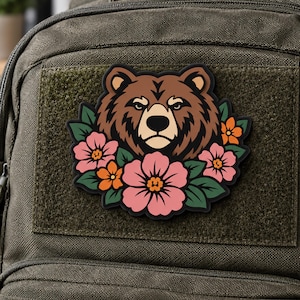 3D-PVC-Grizzlybär-Blumen-Morale-Patch, taktischer Gummi-Klettverschluss (wetterfest)