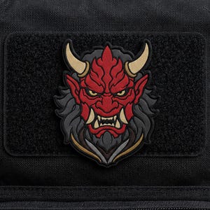 Japanese Oni Mask Morale Patch – Red Demon Samurai Emblem, PVC Hook and Loop Backing