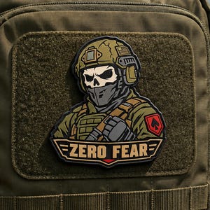 May include: A tactical morale patch featuring a skull-faced soldier wearing a helmet, headset, and olive green gear. The soldier has a red spade emblem on the shoulder. Below the figure, a banner displays the text ZERO FEAR in bold lettering.