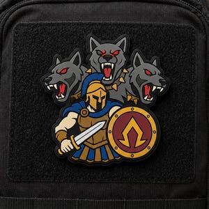 May include: A tactical morale patch featuring a central warrior in a gold helmet, blue cape, and bronze armor, holding a silver sword and a round maroon shield with a gold emblem. Behind the warrior are three snarling grey wolf heads with red eyes.