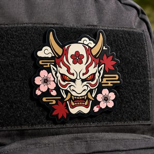 Parche de PVC con máscara Hannya japonesa – Emblema de demonio de flor de cerezo para equipo