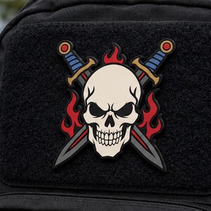 Flaming Skull Crossed Swords PVC Morale Patch, Tactical Hook and Loop Emblem