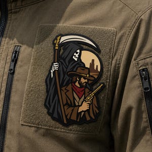 May include: A rectangular morale patch attached to an olive drab tactical jacket. The patch features a graphic illustration of a grim reaper holding a scythe standing behind a cowboy holding a revolver, set against a desert landscape with a large sun.