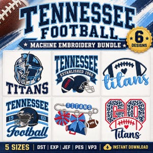 Pacchetto di ricami di football del Tennessee, 6 disegni sportivi, 5 misure DST PES JEF, download immediato