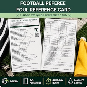 May include: A two-sided 3x5 inch football referee foul reference card featuring the NFHS foul and ejection reference on one side and penalty enforcement table on the other. The white laminated card includes black text, a QR code, and a logo.