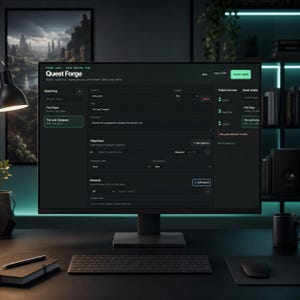 May include: A computer monitor displaying the Quest Forge game design software interface with a dark theme. The screen shows a quest log, project overview, and fields for quest details, objectives, and rewards, including the text The Lost Compass.