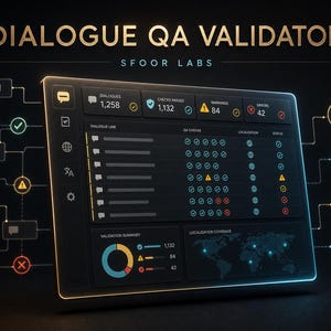 May include: A digital dashboard titled DIALOGUE QA VALIDATOR SFOOR LABS displaying data metrics, including 1,258 dialogues, 1,132 checks passed, 84 warnings, and 42 errors. The interface features a table with status icons, a validation summary donut chart, and a world map for localization coverage.