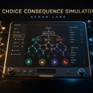Könnte beinhalten: Eine digitale Benutzeroberfläche mit dem Titel CHOICE CONSEQUENCE SIMULATOR SFOOR LABS auf einem dunklen Bildschirm. Der Bildschirm zeigt ein verzweigtes Entscheidungsbaumdiagramm mit leuchtenden Knoten, Statusvariablen und Metriken.