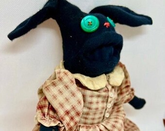 Black Rag Doll Bunny - Vintage Upcycled Doll Dress - bloomers - OOAK sock animal - doll collector - slow making - reclaimed - handmade toy