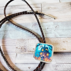 Halloween bolo tie, spooky house concho, unique goth halloween bolo tie necklace, custom bolo tie, gift, halloween lover gift,haunted house