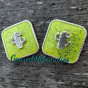 Glitter lime green tack, cactus tack, cactus concho, leather embellishments, custom conchos, screwback concho, scarf slides, unique concho