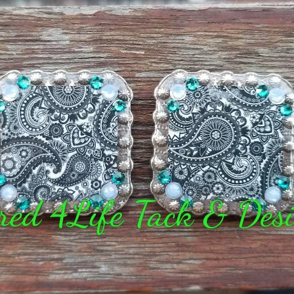 Black paisley print, Swarovski bling conchos, unique bling tack, rodeo tack, custom conchos, bridle rosettes, custom bling tack